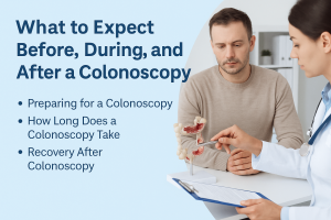 Blog 107 Informative digital illustration showing the stages of a colonoscopy procedure, including preparation, procedure duration, and recovery tips, tailored for patient education.