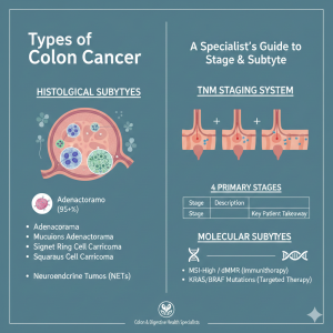 Blog 102 Chart summarizing the Types of Colon Cancer, including Histological Subtypes (Adenocarcinoma, Mucinous, Signet Ring Cell), the TNM Staging System (T, N, M), the 4 Primary Stages, and Molecular Subtypes (MSI-High/dMMR for Immunotherapy and KRAS/BRAF mutations for Targeted Therapy).