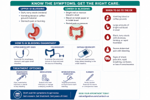 Blog 98 Medical infographic explaining GI bleeding symptoms, diagnosis methods like endoscopy and colonoscopy, and treatment options with emergency warning signs.