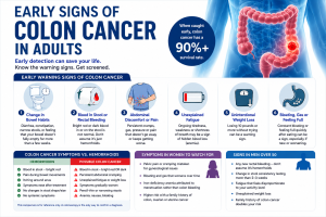 Blog 97 Medical infographic titled “Early Signs of Colon Cancer in Adults” showing a colon illustration and key warning signs including changes in bowel habits, blood in stool, abdominal pain, unexplained fatigue, weight loss, and bloating. The infographic also compares colon cancer symptoms with hemorrhoids, highlights symptoms in women and men over 50, lists major risk factors, and provides colon cancer screening age guidelines for early detection and prevention.